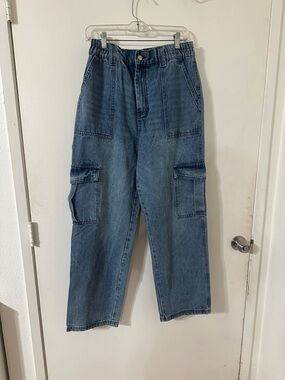 High-Waist Denim Cargo Jeans - Blue